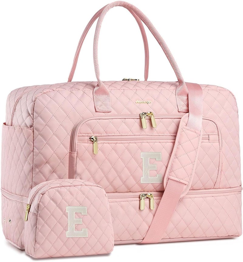 LUOCIP Initial Travel Duffle Bag for Women - Pink Personalized Weekender bags Overnight Bag with Shoe Compartment & Wet Pocket Weekend Tote Bags with Toiletry Bag Monogram Christmas Gifts (Letter E) - Image 1